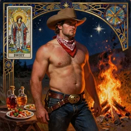 a dramatic, epic, ethereal painting of a handsome!! thicc shirtless cowboy with a beer belly wearing a large belt and bandana | background is a late night campfire with food and jugs of whisky | homoerotic | fire, flames, stars, tarot card, art deco, art nouveau, mosaic, intricate | by Mark Maggiori | trending on artstation