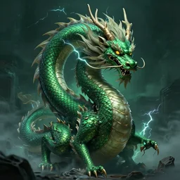 giant green asian dragon, electricity, dark, moody, artstation, high quality, beautiful, matte painting, huang guangjian, gil elvgren, ruan jia, greg rutkowski, gaston brussiere,