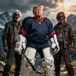 portrait, zombie donald trump warrior, cheap hockey should pads, by donato giancola, wayne reynolds, jeff easley dramatic light, high detail, cinematic lighting, artstation, dungeons and dragons, in the mountains