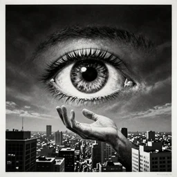 an all - seeing eye and a pair of hands floating in the sky over a city, high contrast, low key, black and white, vintage poster, film grain