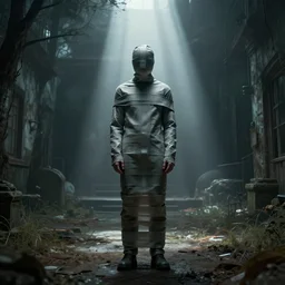 an man contained in a straightjacket in an eerie asylum, sad, loneliness, god rays, digital art, landscape, fantasy art, octane render, ureal engine, high detail, very realistic, by greg rutkowski. by james gurney