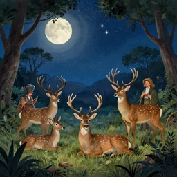 stars happy eden night grand deer stalking prey jungle fantasy illustration sharp focus moonlit vista starlight painted ruan jia raymond swanland lawrence alma tadema zdzislaw beksinski norman rockwell tom lovell alex malveda greg staples