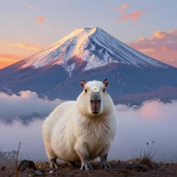 white capybara at the peak of mt fuji, surreal photography, sunrise dramatic light, impressionist painting, colorful clouds, digital painting, artstation, kilian eng, john harris, bastien lecouffe - deharme, simon stalenhag, flower face