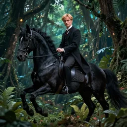 epic photo of Draco Malfoy riding a black horse in the jungle, nightlight Study, by Lisa Frank, Artistic, 8k, extreme detail, sharp focus, cinematic