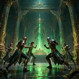 fantasy sci fi characters fight in ancient temple, dark semi - vibrant colors, action scene, 8 k, lumen reflections, sharpened, insanely detailed and intricate, hypermaximalist, elegant, ornate, hyper realistic, super detailed, digital art, green