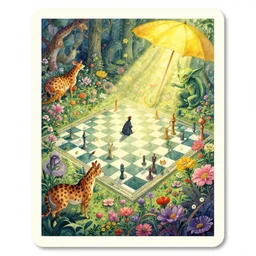 dixit card, animals, spots, stripes, high fantasy, giant chess board, flower garden, checkers, labyrinth, alone in the dark, yellow parasol, green cryptid, intricate, amazing composition, colorful watercolor, by ruan jia, by maxfield parrish, by shaun tan, by nc wyeth, by michael whelan, by escher, illustration, gravity rush, volumetric, bloom, sunbeam, dappled