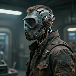 a half - masked rugged laboratory engineer man with cybernetic enhancements as seen from a distance, scifi character portrait by greg rutkowski, craig mullins, 1 / 4 headshot, cinematic lighting, dystopian scifi outfit, profile picture, mechanical, cyborg, robotic, dieselpunk