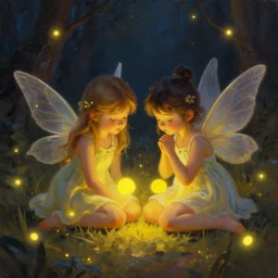 two little fairies. fireflies. warm atmospheric lighting. photorealistic painting, artstation.