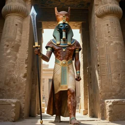 expressive portrait of ancient nubian temple guard, armed with a long curved sword, dressed in leather and robes, standing guard of an old egyptian temple gate, mystical light, lots of ornaments, art by craig mullins and anders zorn