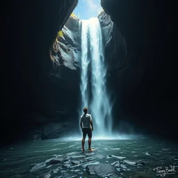 man standing under a waterfall from the universe, bokeh, photoshoot, refreshing, by henry buhl, tim booth