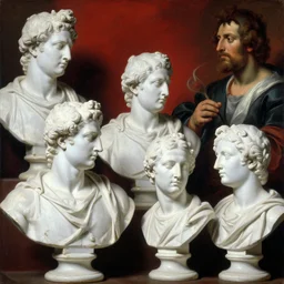 several white exquisite ancient male busts in stone, oil paint, classic art, 1 6 century style, volume light, in the style of beksinski, parts by edward hopper, parts by rodcenko, parts by yue minjun, diego velazquez, intricate and epic composition, red by caravaggio, insanely quality