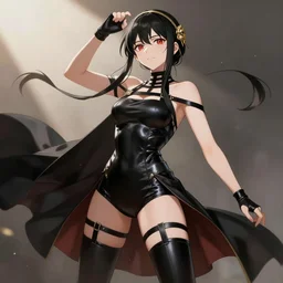 Yor Forger  Spy x Family anime character in a black leather body suit, black hair and thigh high leather stockings with a cape by Ross Tran stunning and detailed, with soft lighting energetic posing