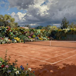 clay tennis courts lined with flower laden hedges, impressionistic painting