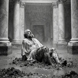 movie still of socrates frozen in a gigantic marble hall flooded with mud, cinestill 8 0 0 t black and white, by andrei tarkovsky, very heavy grain, high quality, high detail, ultra wide lens, sharpness, flares, anamorphic, foggy, mud, rain