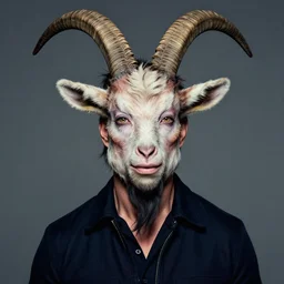 actor Tom Cruise in Elaborate Pan Satyr Goat Man Makeup and prosthetics designed by Rick Baker, Hyperreal, Head Shots Photographed in the Style of Annie Leibovitz, Studio Lighting