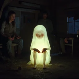 the glowing sad creature, in a cabin, film still from the movie directed by denis villeneuve and david cronenberg with art direction by bernie wrightson, h. r. giger, and tim white