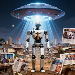 ROBOT of AJEGUNLE SLUMS of Lagos inside African JESUS CHRIST about AESTHETICS surrounding large UFO within NEON rays of light, magazine collage,