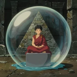 hyperrealist, dull colors, interior shot from howls moving castle 2 0 0 4 of a gret monk meditating on a grey cube inside a cubic bubble in a flooded stonehenge pyramid. bubble.
