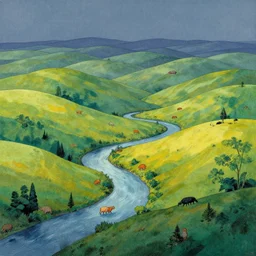 somber, lines by dave stevens 1 9 8 0 s. a conceptual art of a landscape. it is a stylized & colorful view of an idyllic, dreamlike world with rolling hills, peaceful animals, & a flowing river. the scene looks like it could be from another planet, or perhaps a fairy tale.