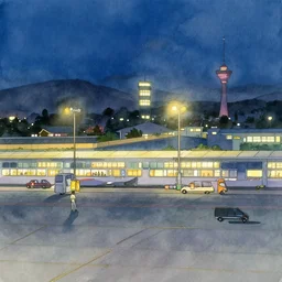 traditional watercolor painting of airport landscape ground with backlighting at night by makoto shinkai miyazaki