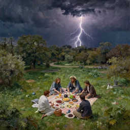 a detailed illustration of a god ruining a picnic in the park, nightmare in the park, calamity, dark storms with lightning, ultrawide lens, aerial photography, natural disaster, 8 k, art by claude monet and andreas rocha and albert bierstadt