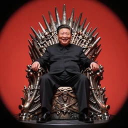 xi jinping sits on the iron throne with an evil smile, by Josan Gonzalez and Geof Darrow, intricate details, vibrant, solid background, low angle fish eye lens