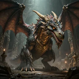 Beautiful 28mm macro headshot of a A giant dragon in the middle of a dungeon, fantasy art, in the style of greg rutkowski, illustration, epic, fantasy, intricate, hyper detailed, artstation, concept art, rim lighting, elder scrolls, unreal, smooth, sharp focus, ray tracing