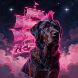 space, hyperdetailed illustration, portrait big dark dog, neon ship, mohawk, stars, pink, neon, oil painting, rich deep colors masterpiece, pirate neon ship, ultra detailed, contrast, heaven pink, clouds, volumetric light, atmospheric lighting, dramatic, cinematic, moody, octane render 4 k, 8 k
