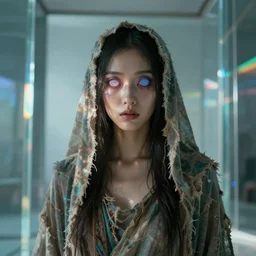close - up of a woman with spiral eyes in tattered robes, standing in a room of glass walls. prismatic rays of light. concept art. 4 k, ultra - high - definition
