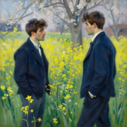 handsome men reminisce about the end of spring in a field of bright flowers, cool colors, hard angles, painting by gaston bussiere, craig mullins, j. c. leyendecker