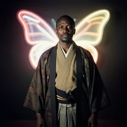 analogue photo of an african chief in Haori & Hakama, 35mm, f/1.4, neon butterfly key light, national geographic, photographed by Martha Cooper,