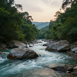 a beautiful landscape, river, rocks, trees, cinematic, masterpiece