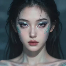 portrait of mermaid, close - up, zoom, rule of thirds, haze, intricate, anime, symmetrical!!, makeup, loreal, maybelline, sephora, trending on artstation, art by greg rutkowski and gonzalo ordonez arias, and artgerm, filmic, vsco, moody, gotham, concept art, digital painting, depth of field, cg society, elegant, model
