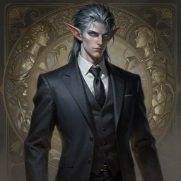 “a humanoid aasimar pretty boy wearing a suit, D&D, fantasy, intricate, cinematic lighting, highly detailed, digital painting, artstation, concept art, smooth, sharp focus, illustration, art by Artgerm and Greg Rutkowski and Alphonse Mucha”