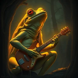 very tall humanoid frog playing the guitar, greg rutkowski, rhads, ferdinand knab, makoto shinkai lois van baarle, ilya kuvshinov, rossdraws, tom bagshaw, global illumination, intricate, detailed, atmospheric lighting, golden hour