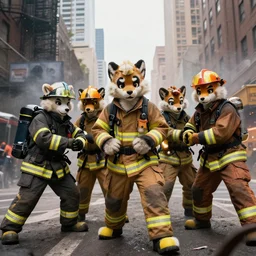 A group of firefighters trying their best to hold back and stop furries from taking over the city