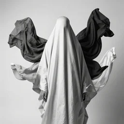 draped flying fashion clothes around human face, face entirely covered, black and white, photographic detailed, realistic studio