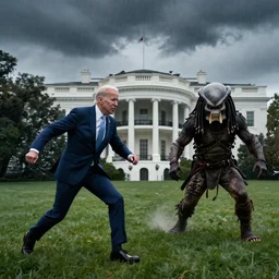 joe biden is running terrified from a monster from predator that is chasing him on the white house lawn during a storm, photoealistic, scary