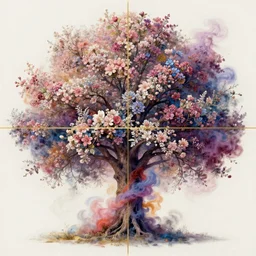 high intricate detailed abstract photo of a tree covered in flowers and psychedelic smoke, golden ratio, rule of thirds, elegant, by lea leonowicz, by maks trofimov, by jenny brozek, by johannes wessmark