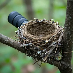 a telephoto lens sample of a bird's nest on a branch in the woods