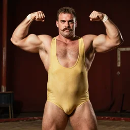 vintage circus strongman with a mustache wearing a skimpy leotard and flexing his muscles
