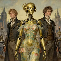 brass semi - mechanical woman, portrait, floral art nouveau dress, art by ardian syaf and moebius, ilya kuvshinov, in steampunk cityscape