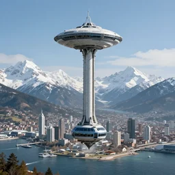 A coastal city near some snow-capped mountains, sci-fi, space elevator, 8k photorealistic