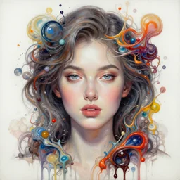 an intricate oil painting of a beautifull woman portrait surounded by hiper detailed inkdrop in water, melting colorfull wax, fluid acrilic art, colorfull, excelent composition, by yoshitaka amano, by zero akuma, by alphonse mucha, by kittichai rueangchaichan, by ross tran, octane render