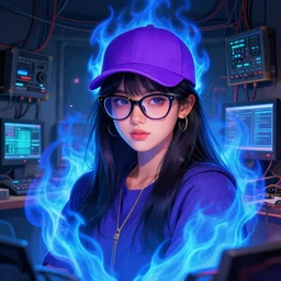 character art by ruan jia, young beautiful round faced hyderabadi woman wearing cateye glasses and purple baseball hat, on blue fire, blue fire powers, room filled with wiring and electronics with monitors
