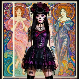 cute punk goth fashion fractal Día de los Muertos tattooed girl posing in goth outfit by Zhang Jingna, psychedelic poster art of by Victor Moscoso Rick Griffin Alphonse Mucha Gustav Klimt Ayami Kojima Amano Charlie Bowater, masterpiece