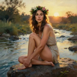 Portrait of the beautiful woman Gal Gadot, she is posing, she has a crown of flowers, she is sitting on a rock and the river is flowing, she is getting ulluminated by the rays of the sunset, the photo was taking by Steve McCurry, matte painting, oil painting, naturalism, 4k, 8k
