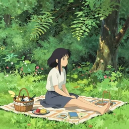 A young woman having a picnic in a lush park, intricate, highly detailed, digital painting, Kyoto Animation and Studio Ghibli still, by Ilya Kuvshinov and Alphonse Mucha