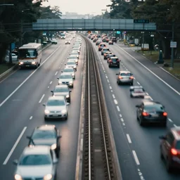 a stunning aesthetic wallpaper of a highway full of traffic with a train track and bus lane, photograph by leon macapagal, 8 k, motion blur, soft focus, cinematic lighting, trending on flicker.