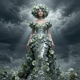dress made of flowers wizard, flower hair woman, solemn, female, rising from flowers, high detail, high contrast, extreme close up portrait, dissolve, storm clouds, god rays, d & d, fantasy, elegant, silver green color palette, cinematic, concept art, annie leibovitz, roger deakins, greg rutkowski, alphonse mucha